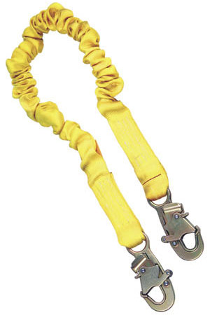 Protecta fall protection lanyard with large scaffold and small snap hooks,  E4 or E6 shock pack. CSA approved.